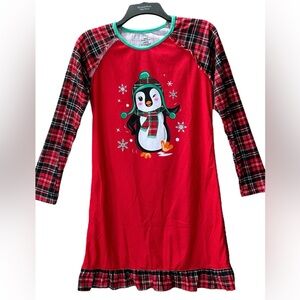Penguin Plaid Flannel Nitegown Sleep Shirt Holiday Christmas Girls Size XL 14/16